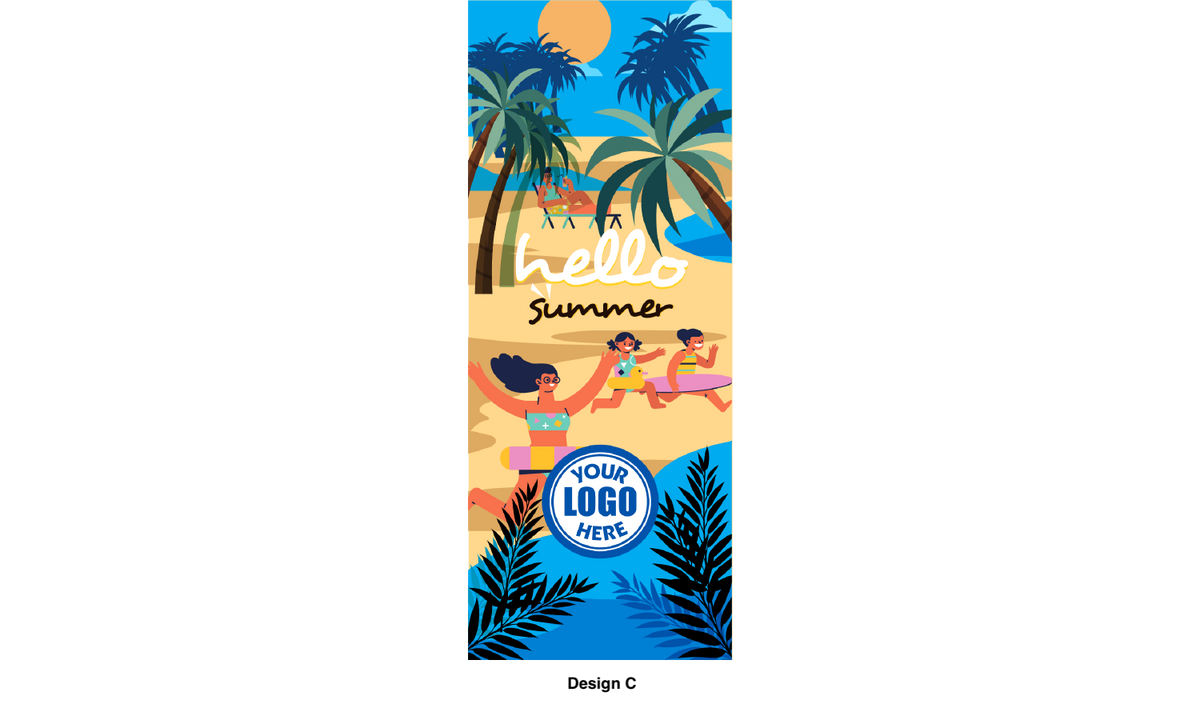 Modern design Summer themed street pole banners printed double sided on 18 oz blockout vinyl with pockets on top and bottom- full color print lamp post banner perfect for cities and towns. Fade resistant and suitable for all weather conditions