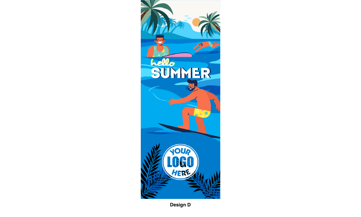 Modern design Summer themed street pole banners printed double sided on 18 oz blockout vinyl with pockets on top and bottom- full color print lamp post banner perfect for cities and towns. Fade resistant and suitable for all weather conditions