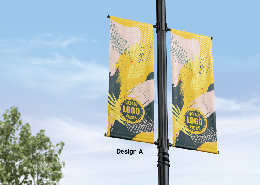 Modern design Summer themed street pole banners printed double sided on 18 oz blockout vinyl with pockets on top and bottom- full color print lamp post banner perfect for cities and towns. Fade resistant and suitable for all weather conditions