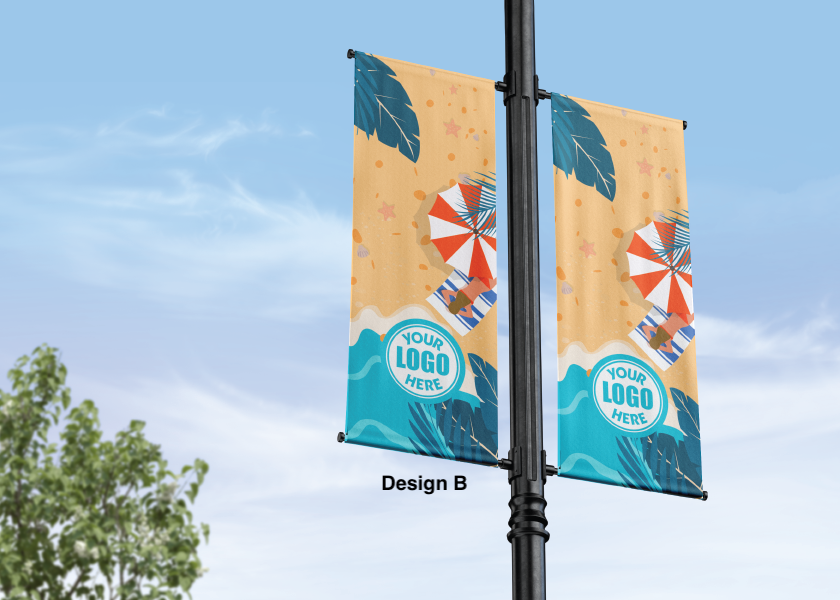 Modern design Summer themed street pole banners printed double sided on 18 oz blockout vinyl with pockets on top and bottom- full color print lamp post banner perfect for cities and towns. Fade resistant and suitable for all weather conditions