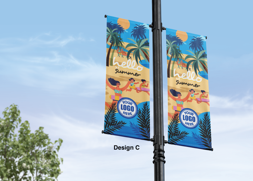 Modern design Summer themed street pole banners printed double sided on 18 oz blockout vinyl with pockets on top and bottom- full color print lamp post banner perfect for cities and towns. Fade resistant and suitable for all weather conditions