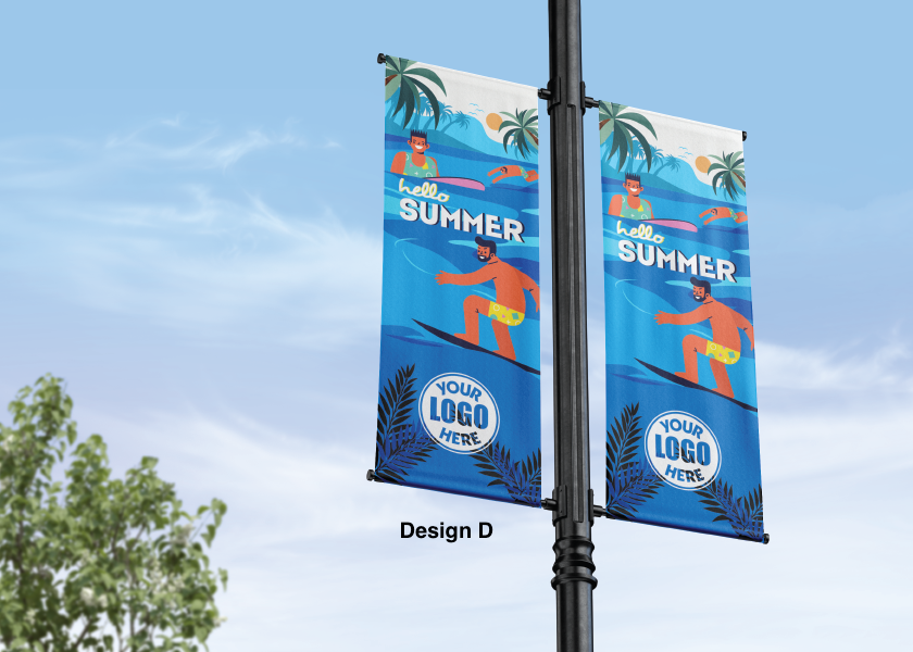 Modern design Summer themed street pole banners printed double sided on 18 oz blockout vinyl with pockets on top and bottom- full color print lamp post banner perfect for cities and towns. Fade resistant and suitable for all weather conditions