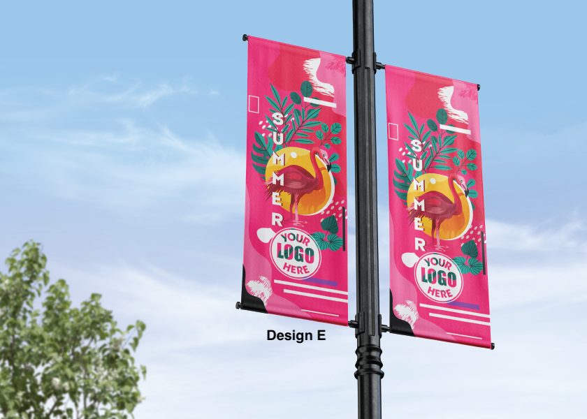 Modern design Summer themed street pole banners printed double sided on 18 oz blockout vinyl with pockets on top and bottom- full color print lamp post banner perfect for cities and towns. Fade resistant and suitable for all weather conditions