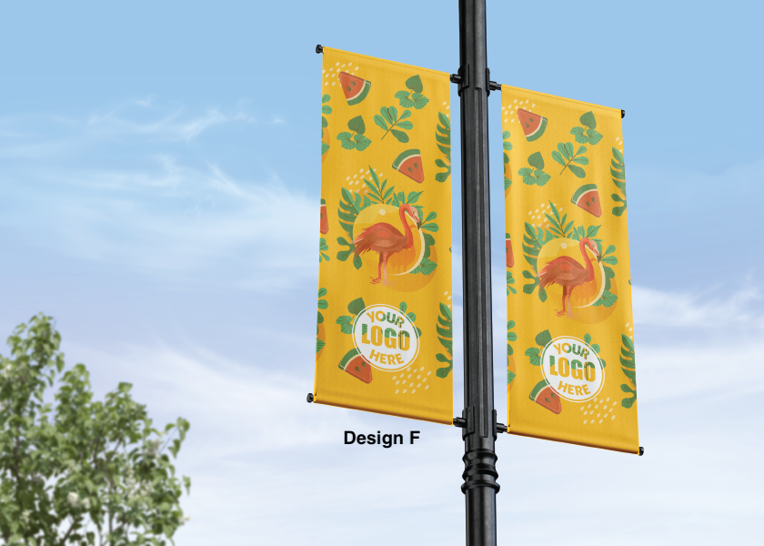 Modern design Summer themed street pole banners printed double sided on 18 oz blockout vinyl with pockets on top and bottom- full color print lamp post banner perfect for cities and towns. Fade resistant and suitable for all weather conditions