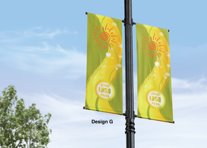 Modern design Summer themed street pole banners printed double sided on 18 oz blockout vinyl with pockets on top and bottom- full color print lamp post banner perfect for cities and towns. Fade resistant and suitable for all weather conditions