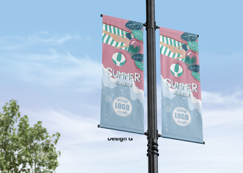 Modern design Summer themed street pole banners printed double sided on 18 oz blockout vinyl with pockets on top and bottom- full color print lamp post banner perfect for cities and towns. Fade resistant and suitable for all weather conditions