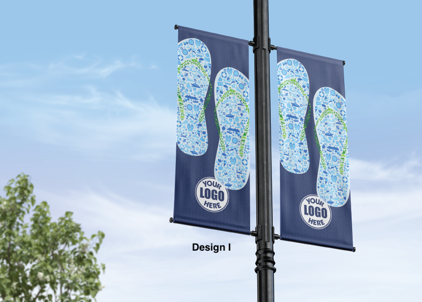 Modern design Summer themed street pole banners printed double sided on 18 oz blockout vinyl with pockets on top and bottom- full color print lamp post banner perfect for cities and towns. Fade resistant and suitable for all weather conditions