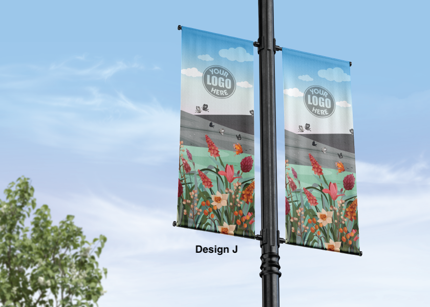 Modern design Summer themed street pole banners printed double sided on 18 oz blockout vinyl with pockets on top and bottom- full color print lamp post banner perfect for cities and towns. Fade resistant and suitable for all weather conditions