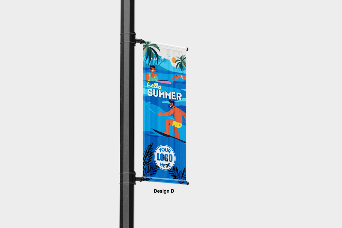 Modern design Summer themed street pole banners printed double sided on 18 oz blockout vinyl with pockets on top and bottom- full color print lamp post banner perfect for cities and towns. Fade resistant and suitable for all weather conditions