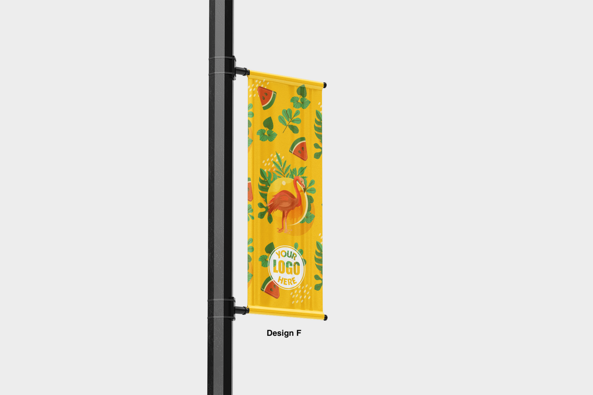 Modern design Summer themed street pole banners printed double sided on 18 oz blockout vinyl with pockets on top and bottom- full color print lamp post banner perfect for cities and towns. Fade resistant and suitable for all weather conditions