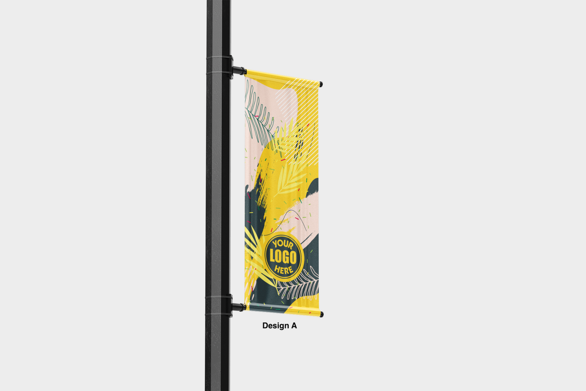 Modern design Summer themed street pole banners printed double sided on 18 oz blockout vinyl with pockets on top and bottom- full color print lamp post banner perfect for cities and towns. Fade resistant and suitable for all weather conditions