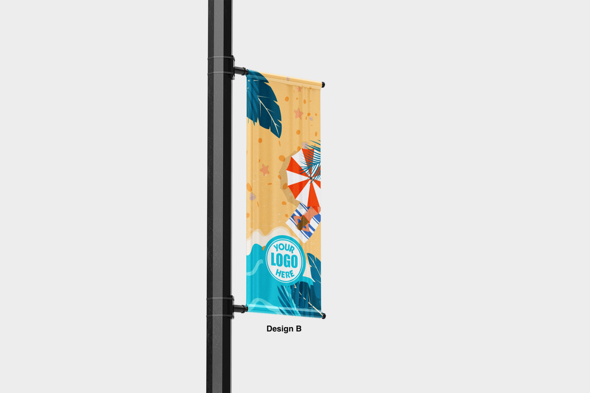 Modern design Summer themed street pole banners printed double sided on 18 oz blockout vinyl with pockets on top and bottom- full color print lamp post banner perfect for cities and towns. Fade resistant and suitable for all weather conditions