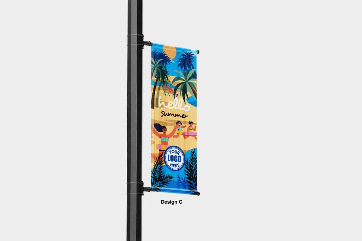 Modern design Summer themed street pole banners printed double sided on 18 oz blockout vinyl with pockets on top and bottom- full color print lamp post banner perfect for cities and towns. Fade resistant and suitable for all weather conditions