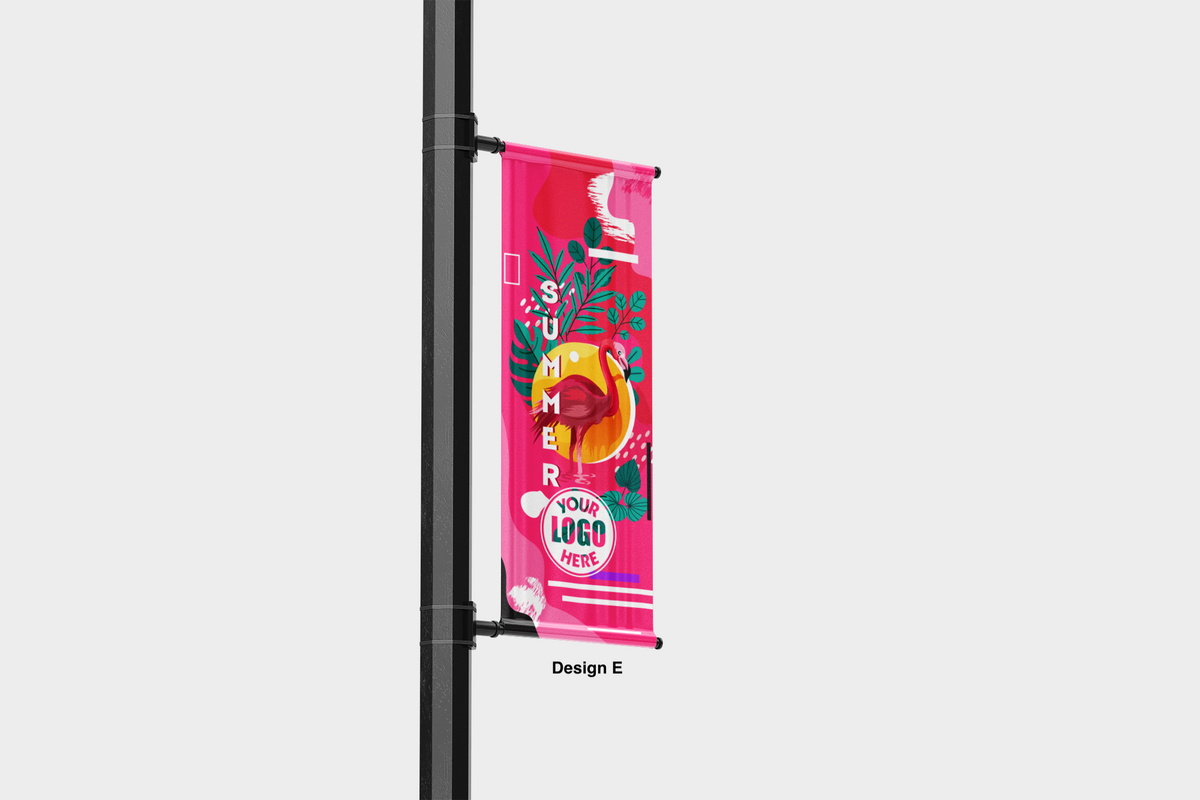 Modern design Summer themed street pole banners printed double sided on 18 oz blockout vinyl with pockets on top and bottom- full color print lamp post banner perfect for cities and towns. Fade resistant and suitable for all weather conditions