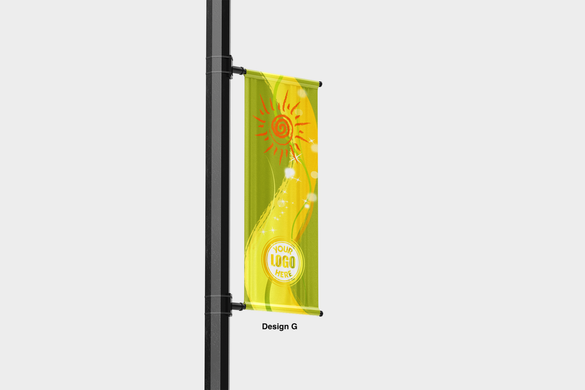 Modern design Summer themed street pole banners printed double sided on 18 oz blockout vinyl with pockets on top and bottom- full color print lamp post banner perfect for cities and towns. Fade resistant and suitable for all weather conditions