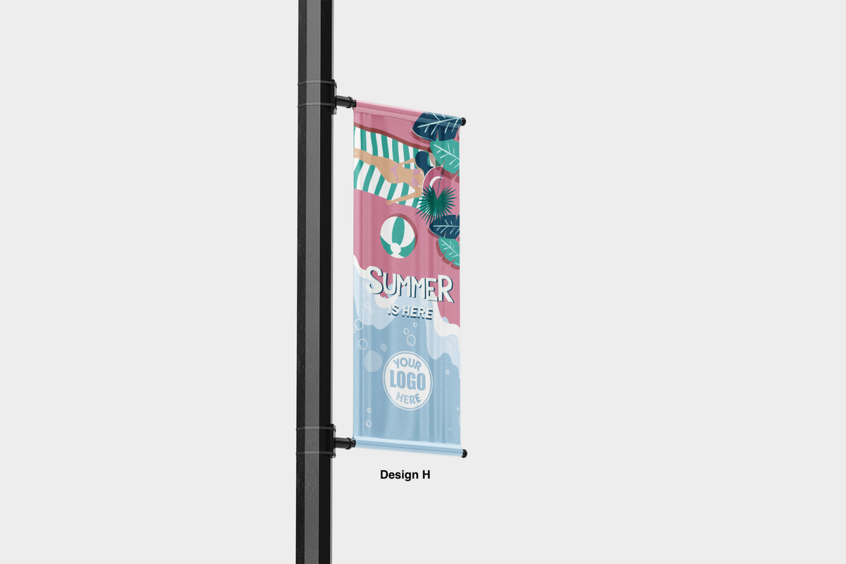 Modern design Summer themed street pole banners printed double sided on 18 oz blockout vinyl with pockets on top and bottom- full color print lamp post banner perfect for cities and towns. Fade resistant and suitable for all weather conditions