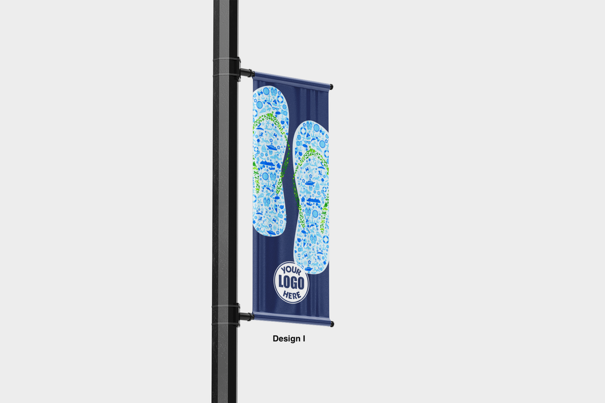 Modern design Summer themed street pole banners printed double sided on 18 oz blockout vinyl with pockets on top and bottom- full color print lamp post banner perfect for cities and towns. Fade resistant and suitable for all weather conditions