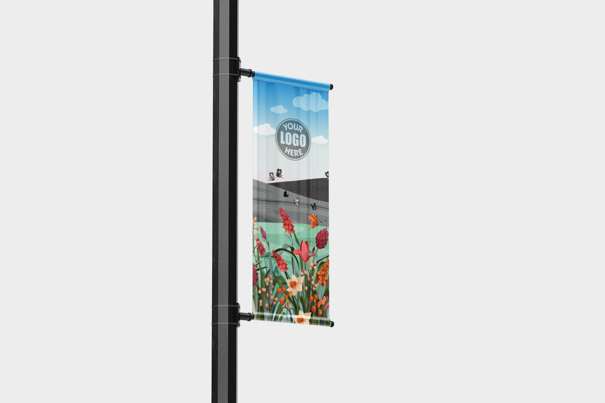 Modern design Summer themed street pole banners printed double sided on 18 oz blockout vinyl with pockets on top and bottom- full color print lamp post banner perfect for cities and towns. Fade resistant and suitable for all weather conditions