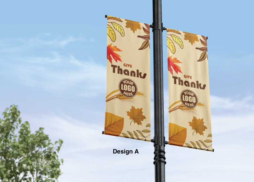 Thanksgiving street pole banner - seasonal - 18 oz blockout vinyl banner- high quality for cold and warm weather- welded pockets