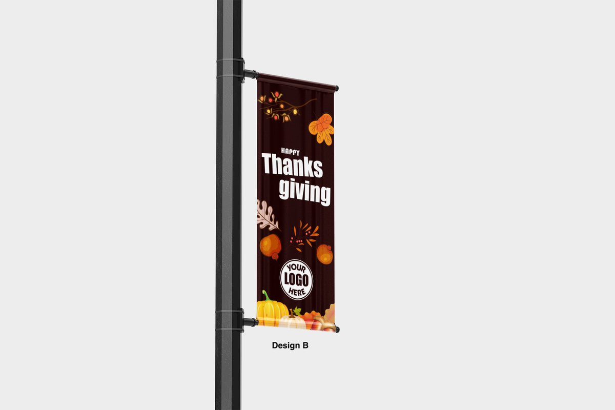 Thanksgiving street pole banner - seasonal - 18 oz blockout vinyl banner- high quality for cold and warm weather- welded pockets