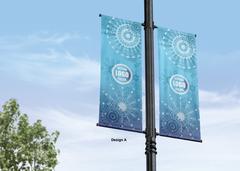 Modern design Winter themed street pole banners printed double sided on 18 oz blockout vinyl with pockets on top and bottom- full color print lamp post banner perfect for cities and towns. Fade resistant and suitable for all weather conditions