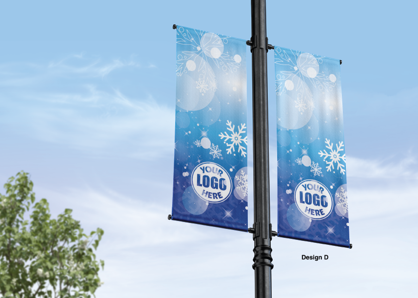 Modern design Winter themed street pole banners printed double sided on 18 oz blockout vinyl with pockets on top and bottom- full color print lamp post banner perfect for cities and towns. Fade resistant and suitable for all weather conditions